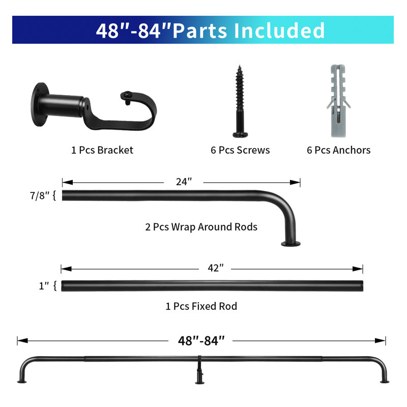 Aariel Steel Adjustable Single Curtain Rod, Black, 48"-84"