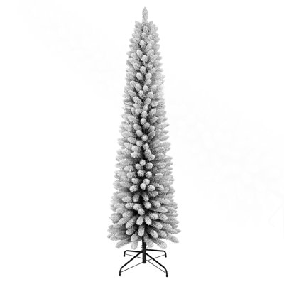 7FT Flocked Pencil Christmas Tree – Slim PVC Tree With 469 Snowy Tips, Space-Saving Design, Realistic Snow Effect, Sturdy Metal Stand, Easy Setup