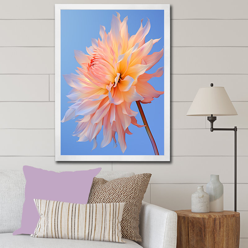Corail dahlia dans le vent sur toile, Cadre simple blanc, H 44 po x l 34 po x P 1,5 po