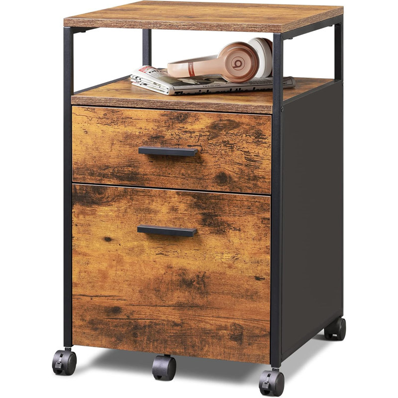 2 Drawer File Cabinet, Mobile Printer Stand With Open Storage Shelf, Brown