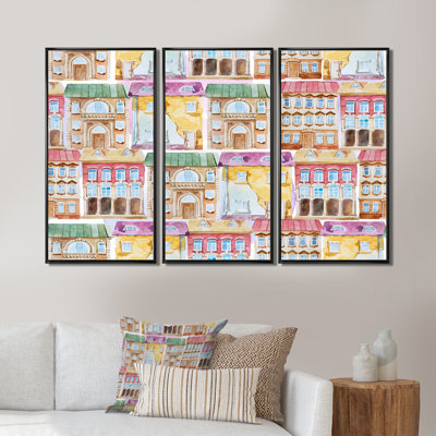 «Bright Old Building Facade In Old Europe», ensemble de 3 reproductions d'art encadrées sur toile