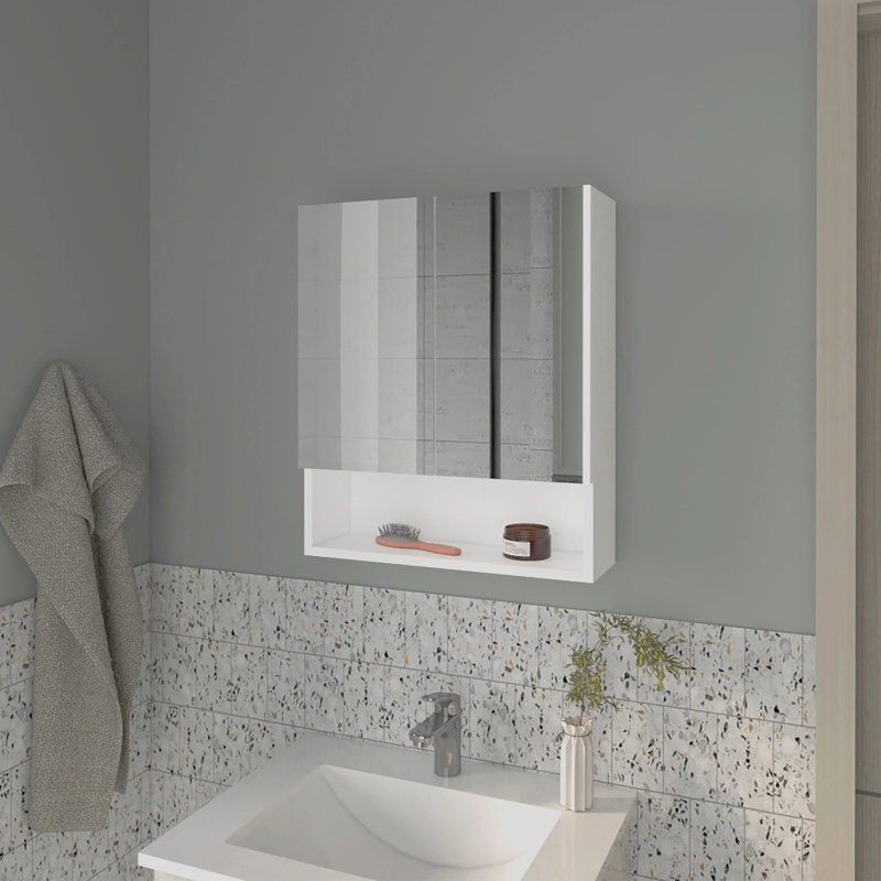 Armoire à pharmacie blanche avec portes en miroir et rangement ouvert