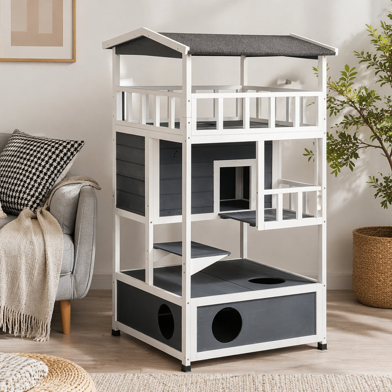 Maison pour chat en bois pour l'extérieur, abri pour chat avec chaton avec toit en asphalte, portes de secours, condo, plateforme de saut