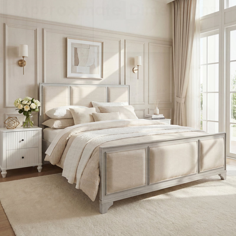 Structure de lit en bois avec tête de lit tapissier, tissu en bois et beige, plateforme en bois massif, style campagne moderne