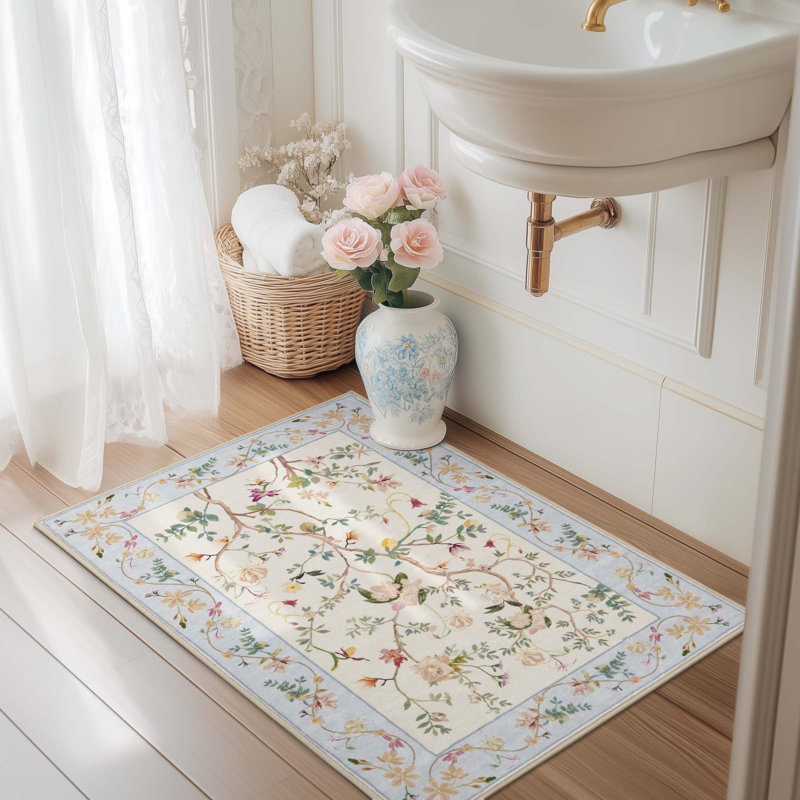 Tapis chinois à motif floral chinois lavable antidérapant beige / bleu, Beige/bleu, Rectangulaire 2 pi x 3 pi