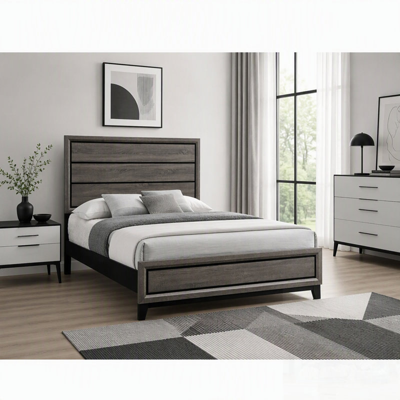 Lit à panneaux rustiques aux lignes noires épurées, cadre durable et ambiance apaisante pour les chambres modernes