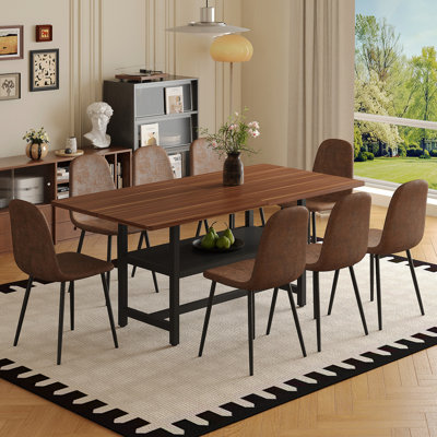 Table And Chair Set.71*35.4 Inch Fashionable Walnut Grain Dining Table, A Practical Choice To Add Color To The Home.Paired With 8 Comfortable Technology-Fabric Brown Chairs With Black Metal Legs.