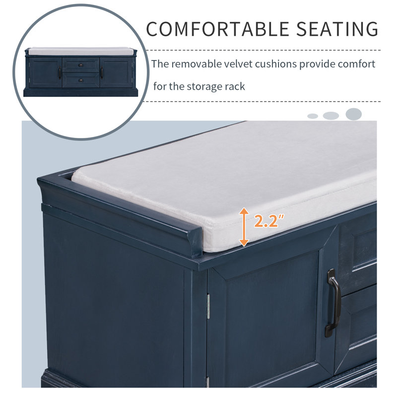 Scape Storage Bench with Drawers, Cabinets & Removable Cushion, Antique Navy