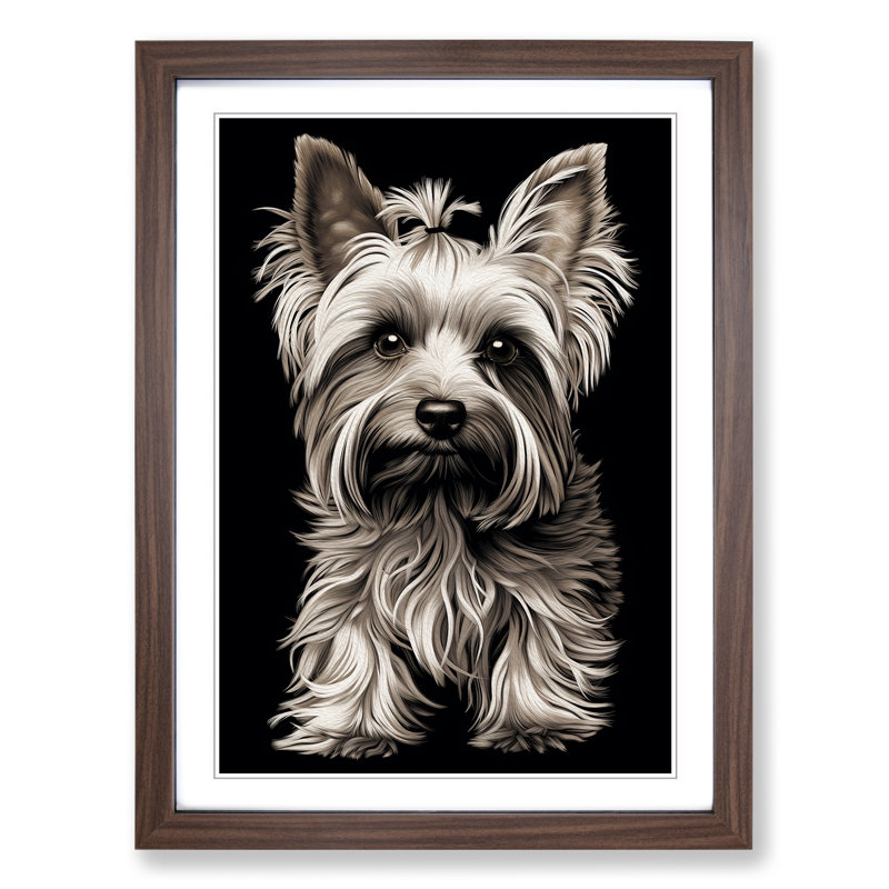 Yorkshire Terrier Line - Single Picture Frame Print on Wood, 46cm H x 34cm W x 2cm D, Walnut