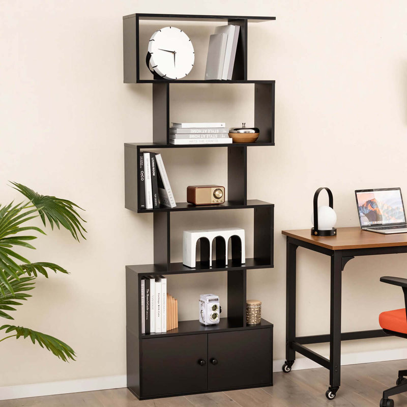 6-tier S-shaped Bookcase Storage Rack Bookshelf With Cabinet Anti-toppling Devices