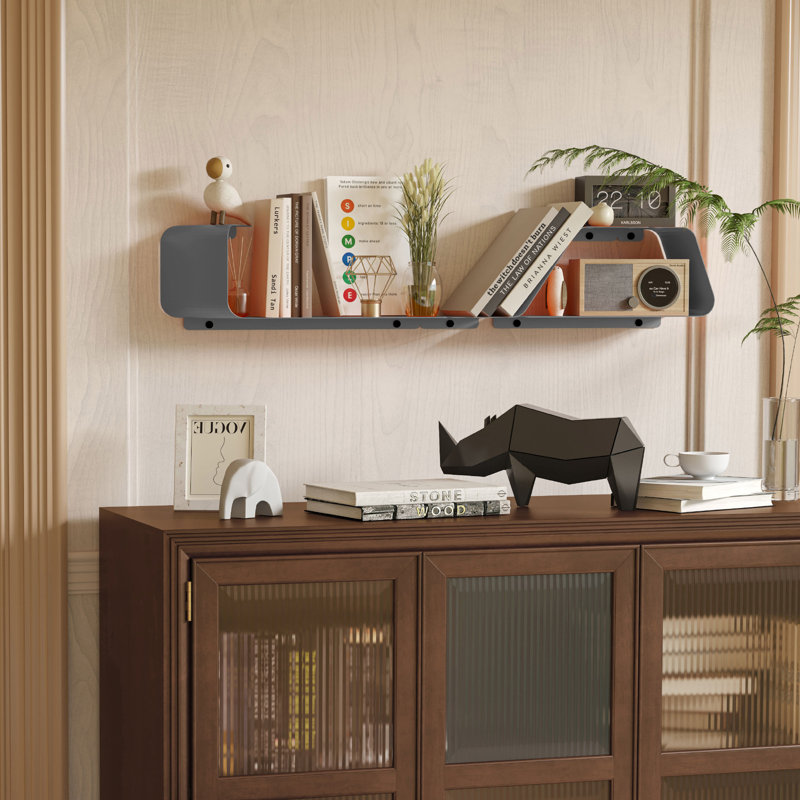 Eliyah Metal Floating Shelf, Wall Mounted Metal Shelves with Unique Design, Gray