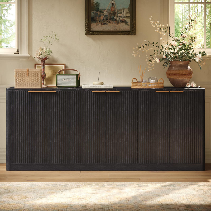 67" Fluted Sideboard Buffet Cabinet With Storage, Large Buffet Cabinet With 6 Doors For Kitchen And Living Room, Black