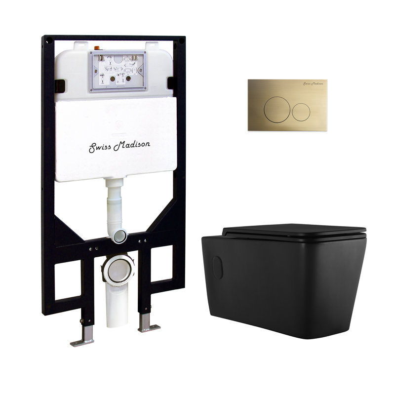 Concorde Wall-Hung Toilet Bundle 0.8/1.6 GPF Dual Flush With Flush Plate, Matte Black/Brass