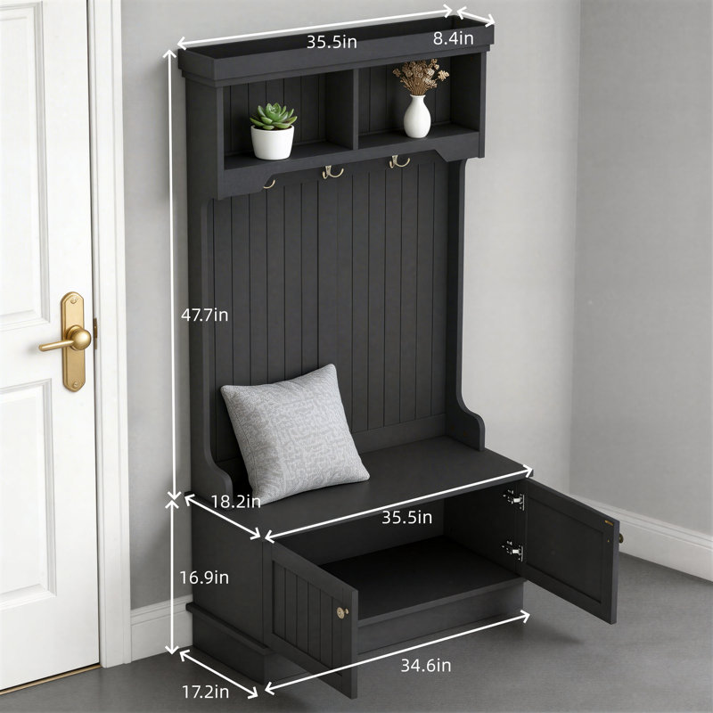 This Black, Four-In-One Coat Rack For The Entryway Includes Storage, A Shoe Bench, And Multiple Hooks. It's A Multi-Functional Appliance Suitable For Both The Living Room And Entryway.