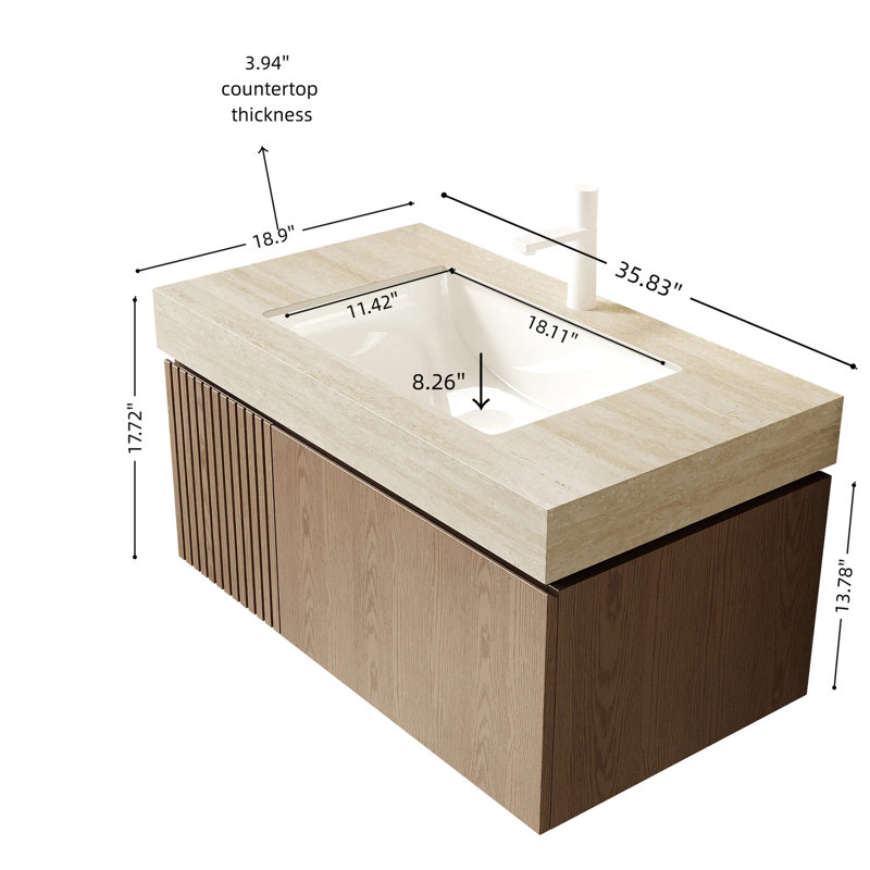Meuble-lavabo suspendu de 91 cm (36 po) avec lavabo en pierre frittée et céramique, armoire en contreplaqué avec tiroirs et porte, préassemblé, beige, design fonctionnel, tiroirs bruns