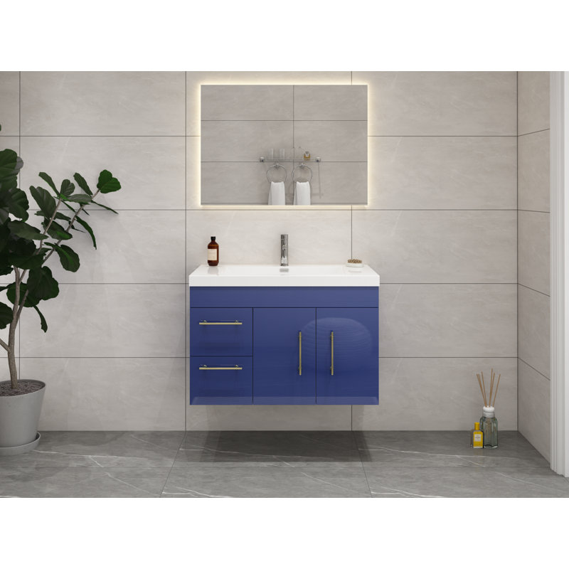 Carliss 35.5'' Single Bathroom Vanity with Acrylic Top, Night Blue, Sliver