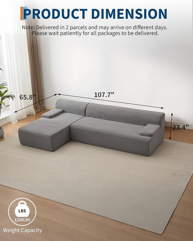 108" Modular Cloud Sectional Sofa with Chaise, Fluffy Boneless L-Shaped Couch, No Assembly, Grey