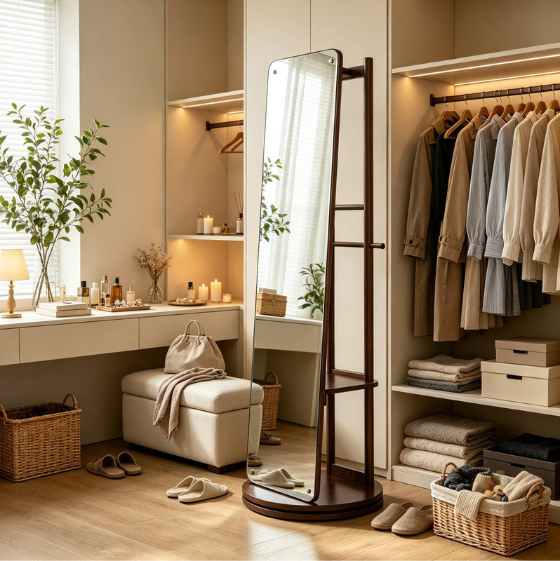 Porte-miroir pivotant à 360 degrés en bois massif avec rangement pour vêtements, idéal pour l'organisation de la maison
