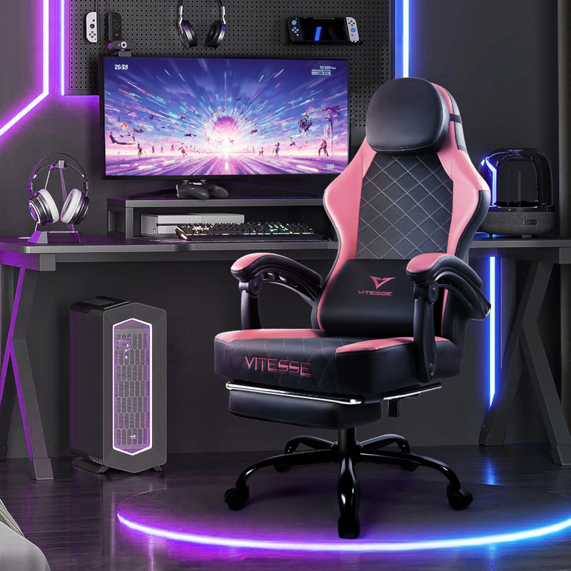 Adjustable Reclining Ergonomic Game Chair, Black/Pink