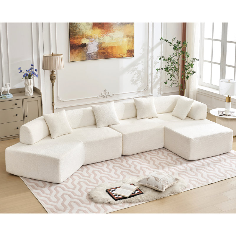 Chaise longue blanche modulaire en L 140 po avec méridienne, 4 sièges - sans assemblage, design contemporain minimaliste