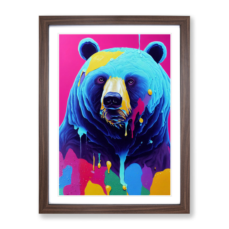 Colourful Bear No.4 - Wall Art, 66cm H x 48cm W x 2cm D, Walnut Framed, White