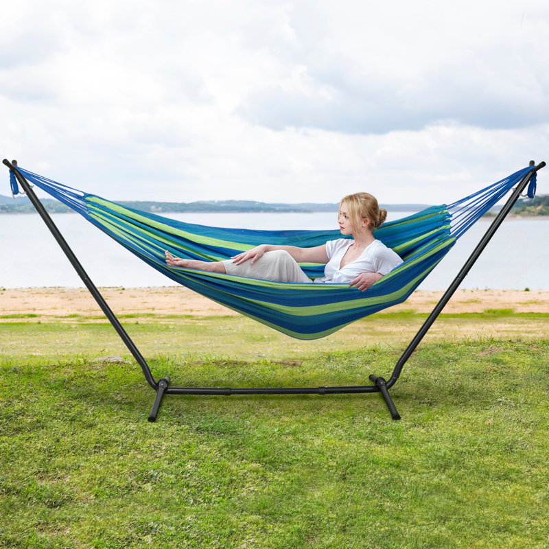 10,7 pi Hamac de style brésilien 2 personnes avec support, Rayures bleues / vertes