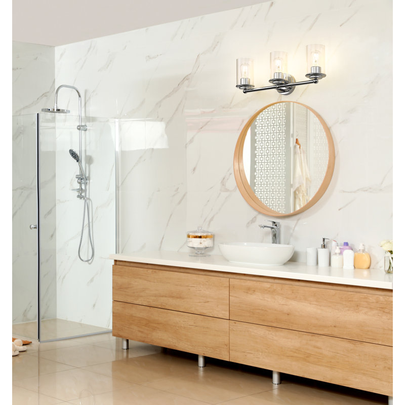 Éclairage de salle de bain à intensité variable en acier 3 lumières avec abat-jour en verre transparent Cheetham
