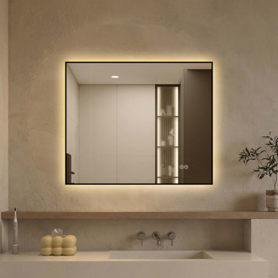 Miroir de salle de bain DEL, miroir de courtoisie rétroéclairé avec cadre en aluminium, antibuée, intensité réglable et 3 températures de couleur, fonction mémoire, fixation murale (horizontale/verticale)