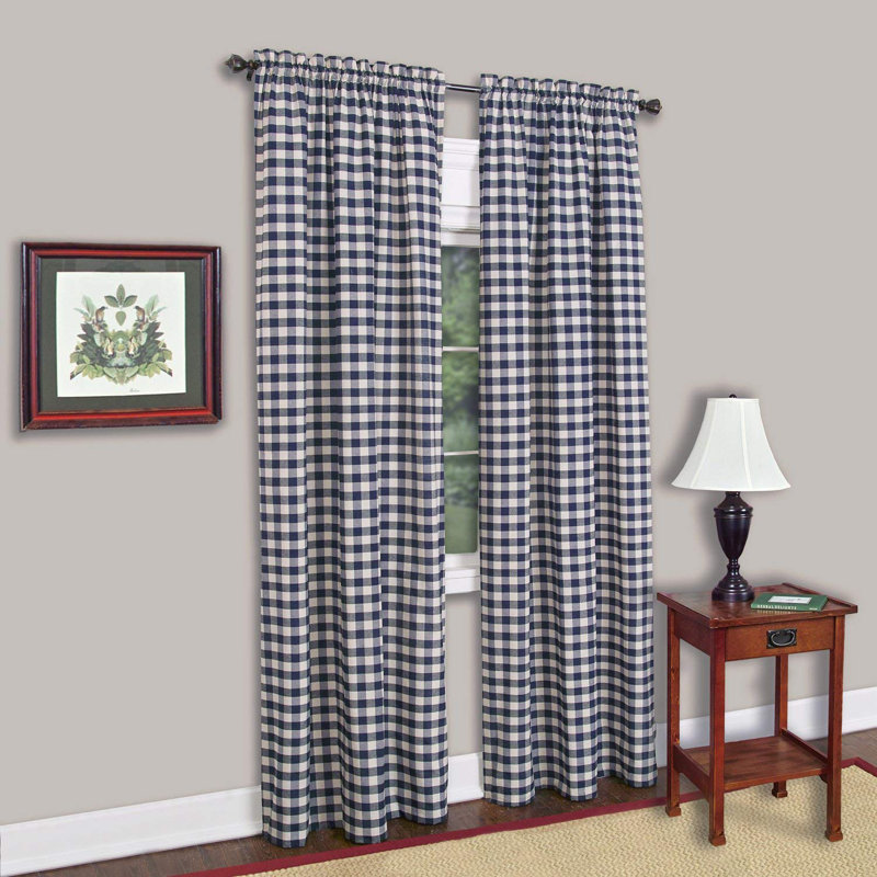 Ramillies Cotton Blend Semi Sheer Curtain Pair, Navy Blue/Beige, 42" W x 63" L