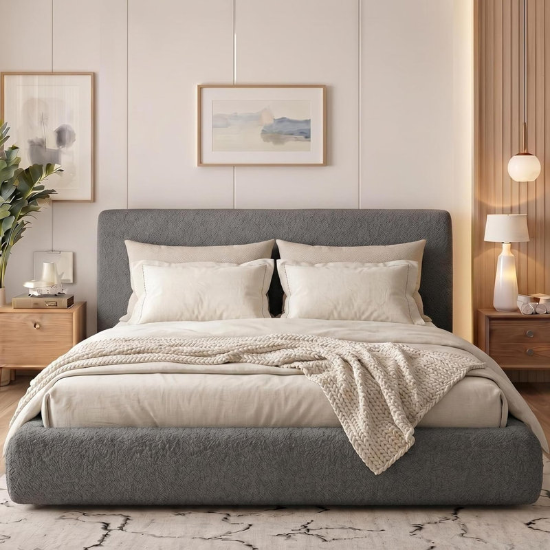 Structure de lit plateforme pleine grandeur avec tête de lit tapissier, tissu blanc moelleux, aucun sommier nécessaire, capacité de 990 lb, assemblage facile, gris foncé