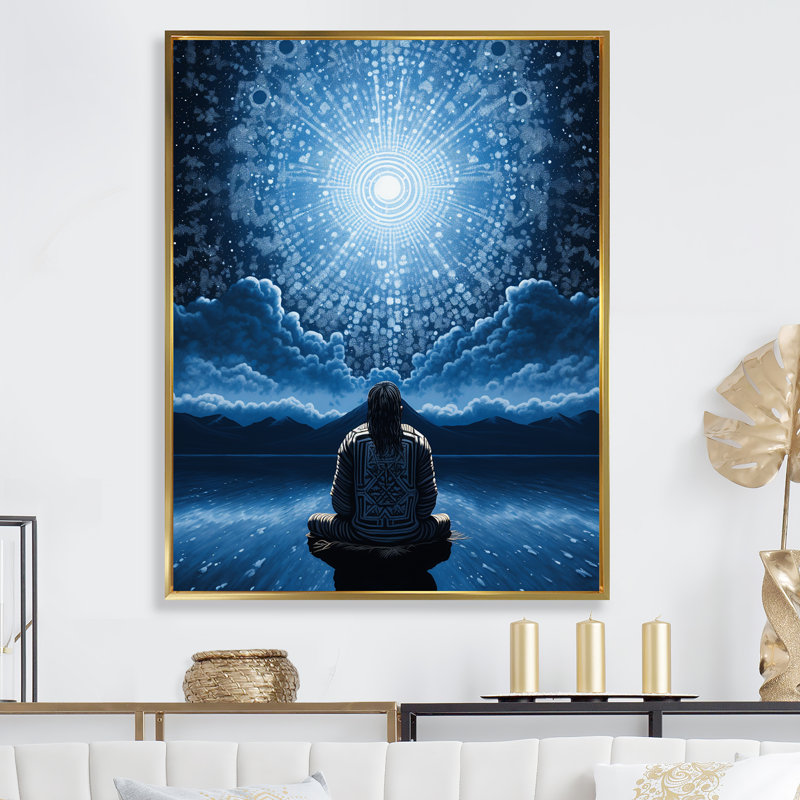 Native Art Azure Prayer, H 32 po x l 24 po x P 1 po, Cadre flottant doré