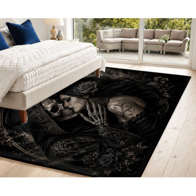 Tapis de style gothique rétro, motif de tête de mort noire Grim Reaper, artistique mystérieux, lavable à la machine, envers antidérapant, tapis d'intérieur pour salon, chambre à coucher, entrée, cuisine, balcon, appartement