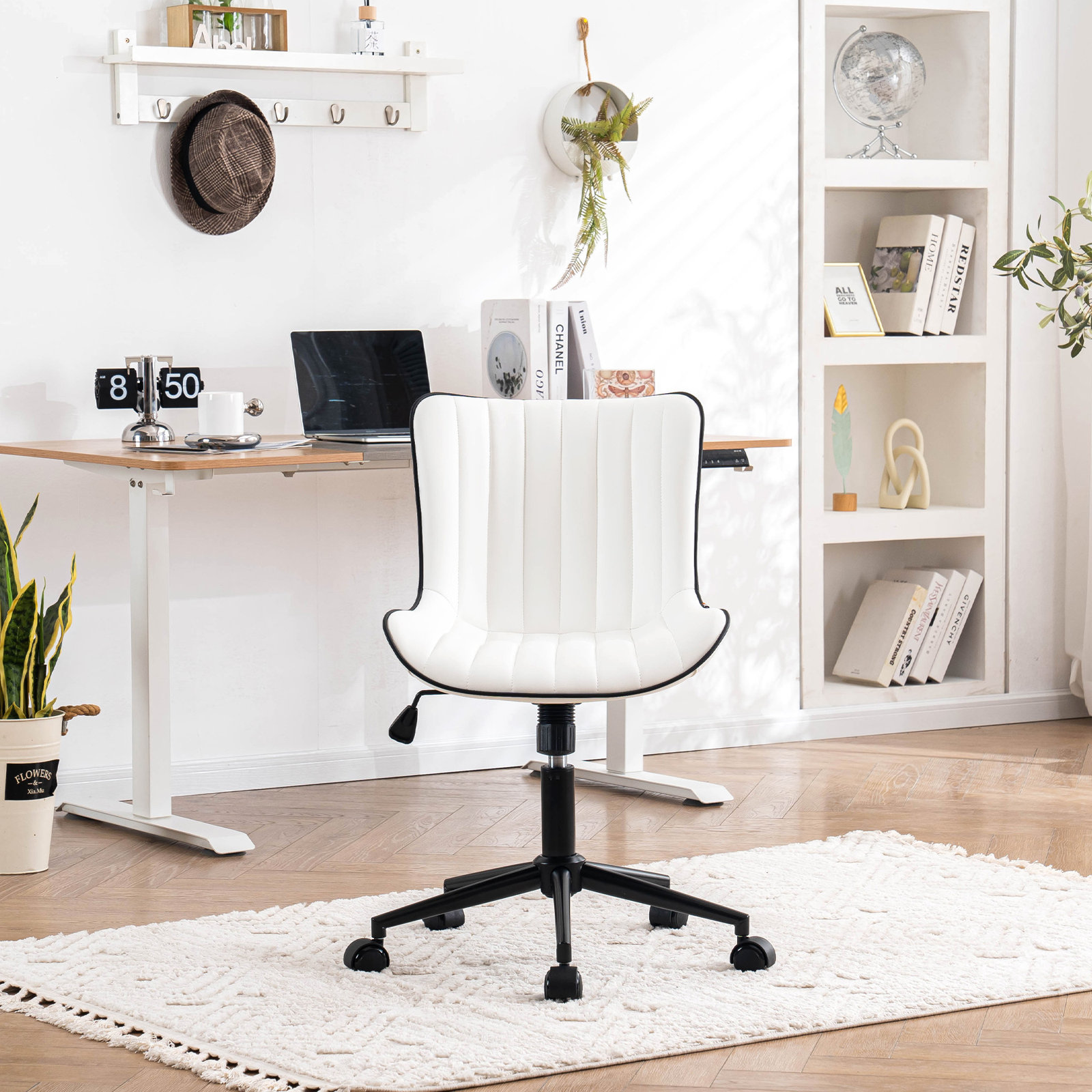 Brionni Leather Swivel Task Chair with Casters, White Seat/ Black Frame