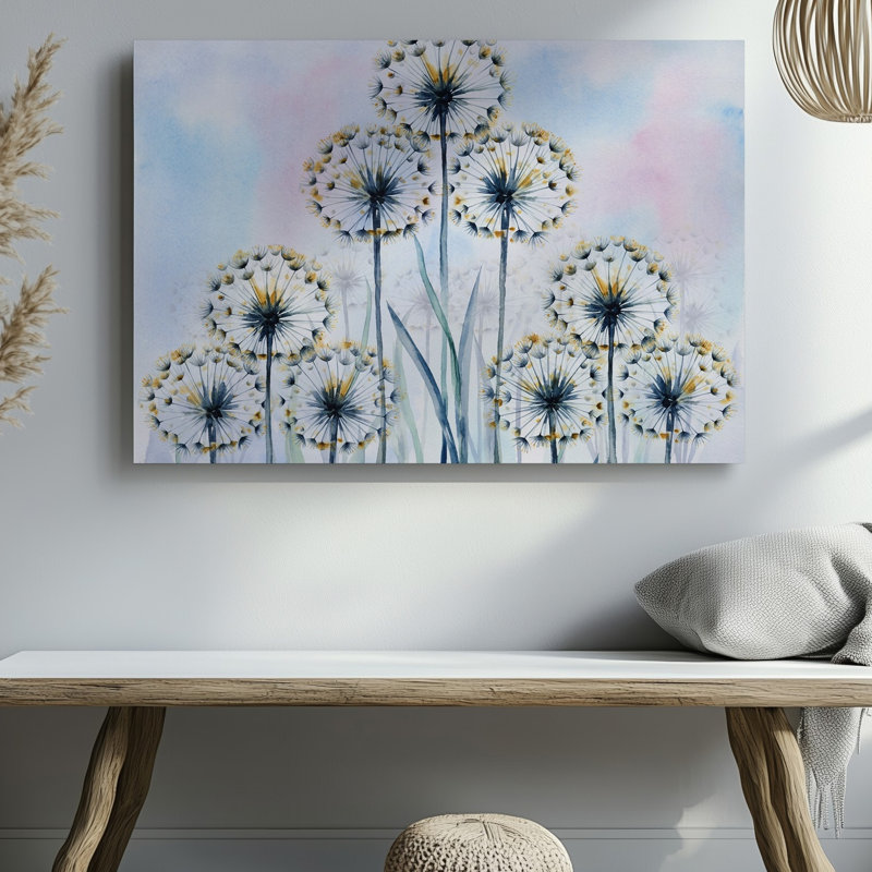 Toile, composition sereine à l'aquarelle avec délicat pissenlit éthéré, art mural avec pétales blancs translucides