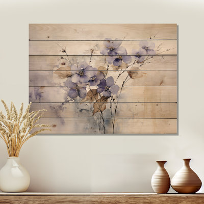 Beige et mauve orné de violettes - Violettes, panneau mural en bois sur bois de pin naturel