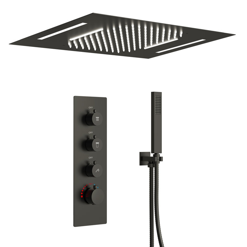 Système de douche à pluie thermostatique à DEL, pomme de douche à fixation au plafond avec douchette, Noir mat