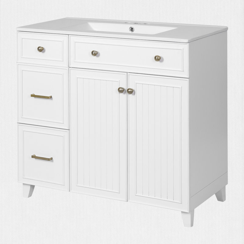 Meuble-lavabo 36 po avec lavabo et tiroirs en céramique, Blanc