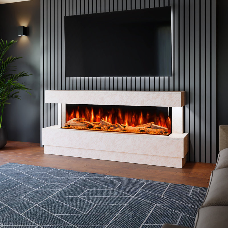 Raphael Freestanding Electric Fireplace Suite | Textured Stone Effect | 1500mm 3-Sided Led Electric Fire with Panoramic Flame | Remote & App Control | Led Side Lighting