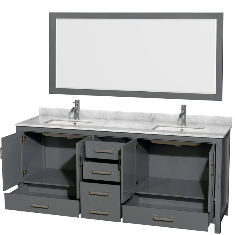 Sheffield 80" Freestanding Double Bathroom Vanity with Marble Top with 70" Mirror, Brushed Chrome, Dark Gray