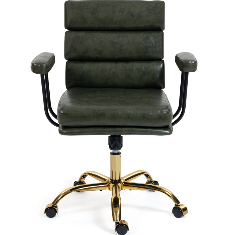 Green Faux Leather Executive Office Chair, Gold Metal Base, Adjustable Height Swivel Desk Chair with Padded Armrests & Wheels, 330 LBS Capacity