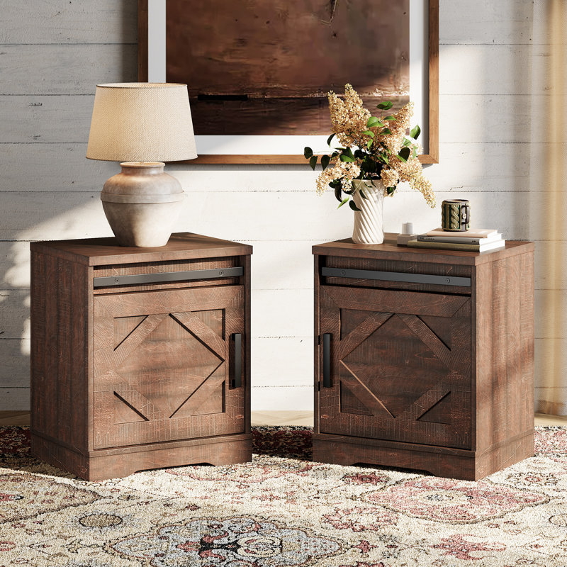 Farmhouse Nightstand Set Of 2,Wooden Bedside Table With Drawer & Cubby, Rustic Drawer Storage Sofa Side Table With Barn Door For Bedroom, Office,Rustic Brown