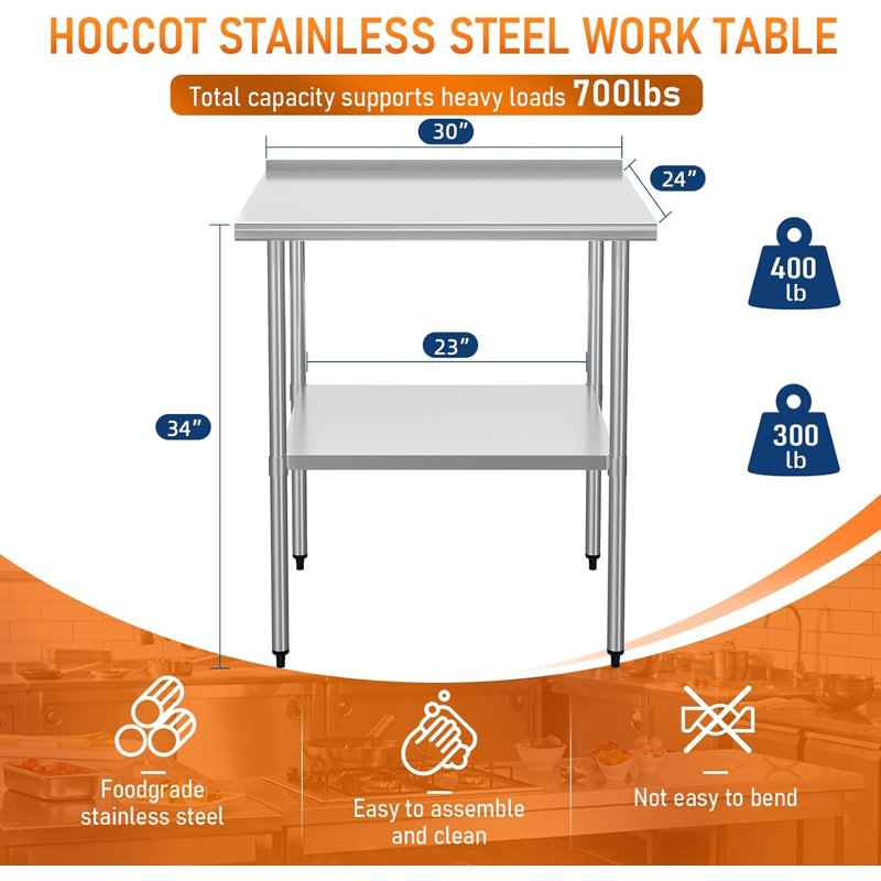 Table de travail en métal en acier inoxydable de 24 po x 30 po avec tablettes et dosseret réglables pour la cuisine commerciale, l'extérieur, le restaurant, l'hôtel et le garage