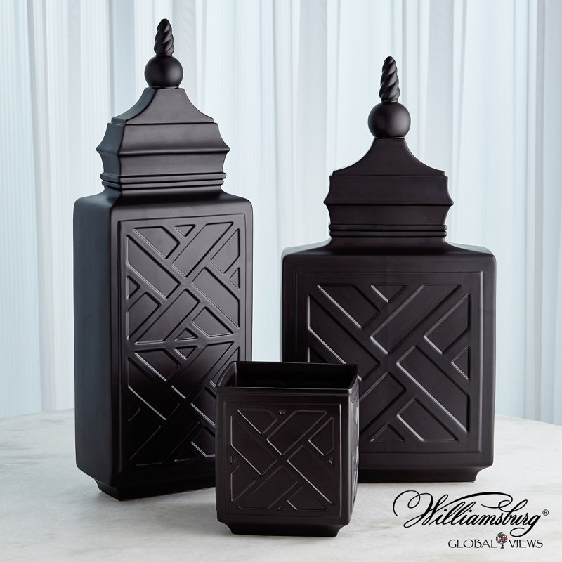 Chinoiserie Handmade Ceramic Jar, Matte Black, 30" H x 10.5" W x 6" D