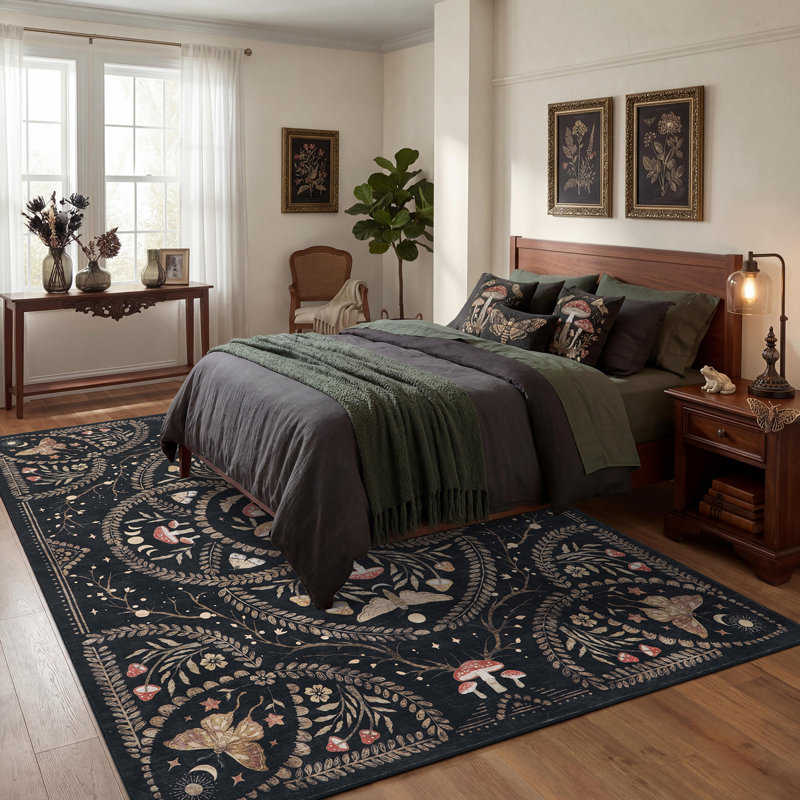 Tapis à poils courts à motif champignon gothique pour salon, chambre et cuisine, Noir brun, 6 * 9 pi
