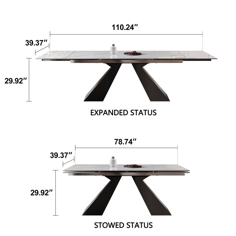 Ensemble de salle à manger et table de salle à manger en pierre frittée extensible 110,23 po, Blanc montagne enneigée, 8