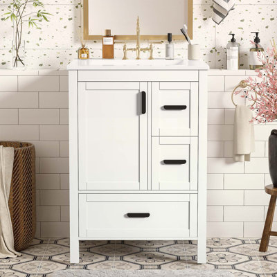 Élégant meuble-lavabo de salle de bain de 24 pouces avec lavabo, porte à fermeture en douceur et grand espace de rangement pour les petits espaces