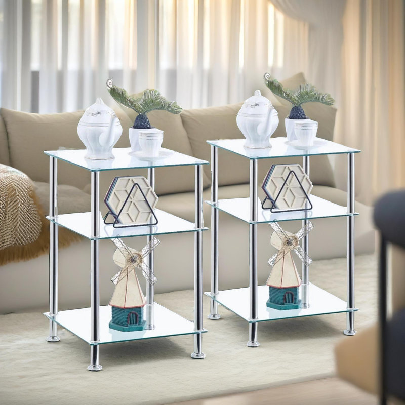 Alaysiah 3 Tier Tempered Glass Side Table End Sofa Accent Tables Storage Shelves Living Room