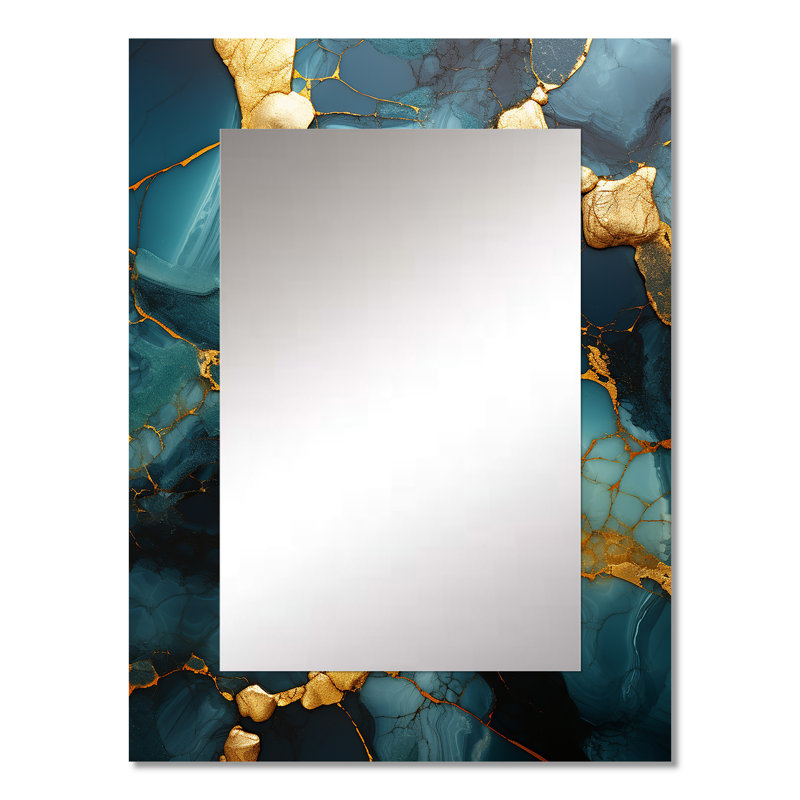 Or et agate verte topaze granit II - miroir unique abstrait, grand miroir mural doré, impression sur métal, 32 po x 24 po