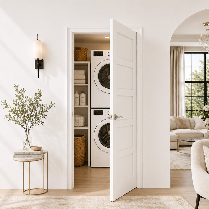 Interior Door Slab with Frame - 5 Panel Shaker Style White MDF Door, Prehung-Style Door Kit with Pre-installed Hinges, Locking Silver Handle Included, No Pre-drilled Holes
