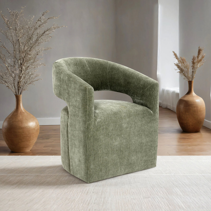 Fauteuil contemporain avec roulettes et dossier design, revêtement en tissu texturé neutre, rembourrage en mousse souple, structure en bois d'ingénierie massive, entièrement rembourré, intégré, base piédestal sculptée.